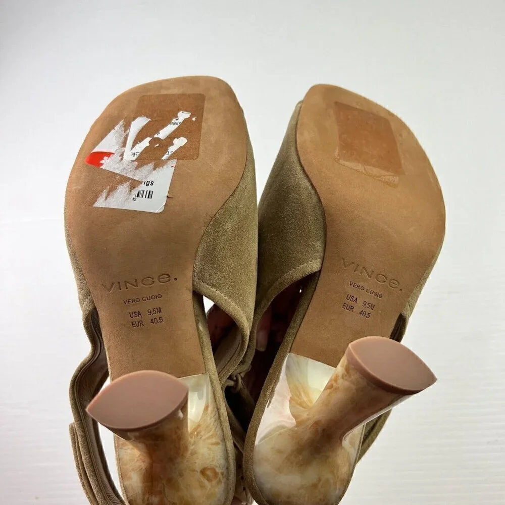 Vince Women Quest Slingback Beige Kitten Heel Leather Suede Sandals Sz 9.5M NEW